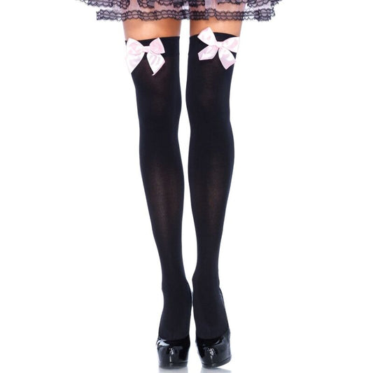 LEG AVENUE - BLACK NYLON THIGH HIGHS WITH PINK BOW ONE SIZE - 1