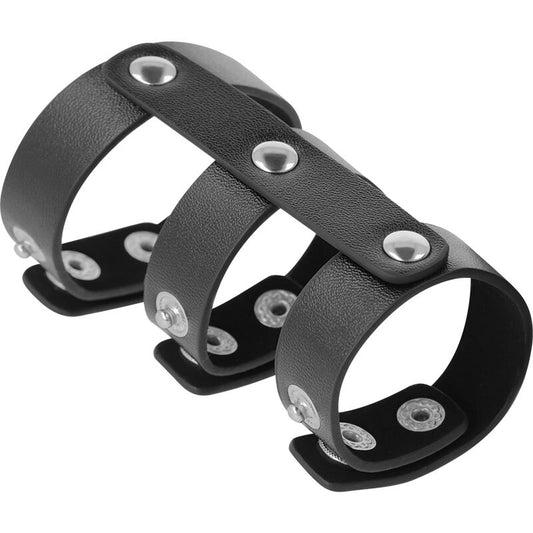 DARKNESS - ADJUSTABLE LEATHER DOUBLE PENIS AND TESTICLE RING - 1