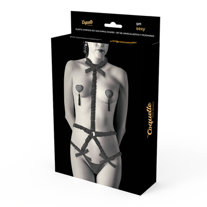 COQUETTE CHIC DESIRE - ELASTIC HARNESS SET AND NIPPLE COVERS BLACK - 2
