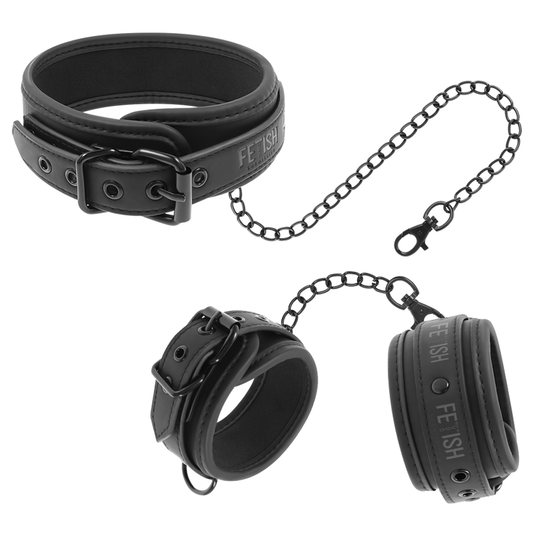 FETISH SUBMISSIVE - VEGAN LEATHER NECKLACE AND HANDCUFFS WITH NOPRENE LINING - 1